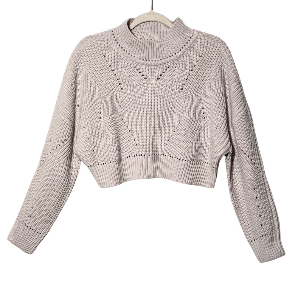 Retrod Light Gray Open Stitch Patterned Mock Neck Long Sleeve Crop Sweater M